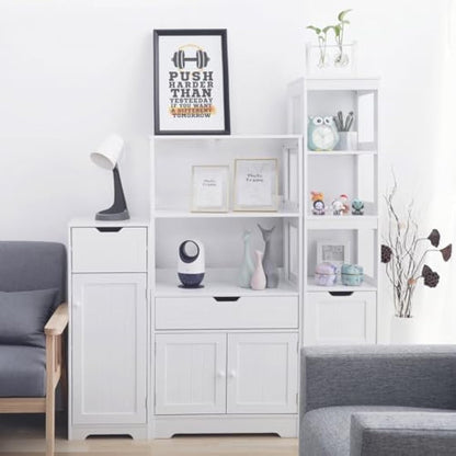 Mondeer Bathroom Floor Cabinet, Storage Unit With 1 Drawer 1 Door 2 Shelves, 32x30x87cm White MDF Painted Wood Free Standing Cupboard for Bathroom Living Room Porch