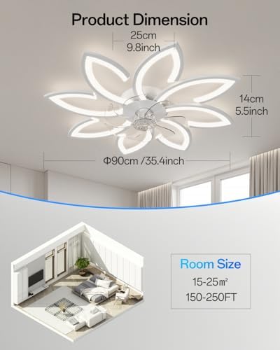 YUNLONG 35.4" Ceiling Fans with Lights and Remote Led Living Room Dimmable Ceiling Lights DC Motor Ceiling Fans with Lamps Reversible 6-Speed Lighting Fan Chandelier for Bedroom Lounge Hall,White