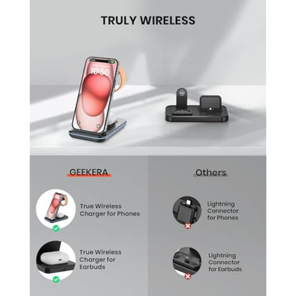 GEEKERA Wireless Charger Stand, 3 in 1 Wireless Charging Station for iPhone 16/15/14/13/12/11/Pro Max/XS/XR/X/8, Fast Charging Stand for Apple Watch 2-Ultra, Docking Station for AirPod 4/Pro/3/2-Black