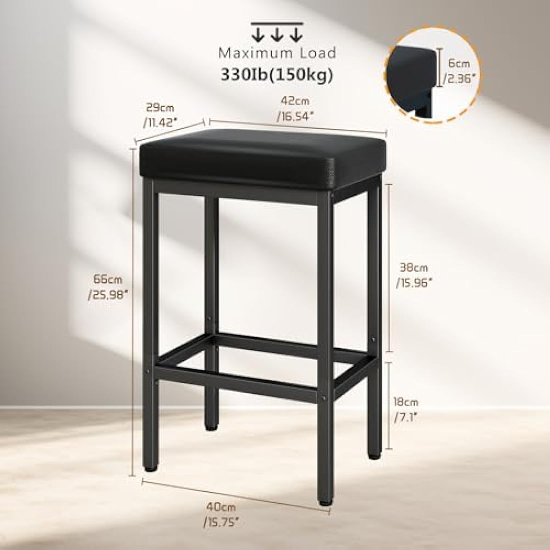 YMYNY Bar Stools, 66 cm Bar Stools Set of 2, Black Breakfast Bar Stools, PU Leather Barstools, Bar Stool Chair with 6 cm Thick Cushion and Metal Base for Kitchen Counter, Island Counter, Pub, HBS513B