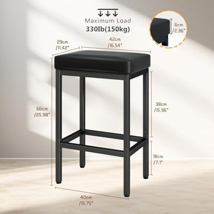 YMYNY Bar Stools, 66 cm Bar Stools Set of 2, Black Breakfast Bar Stools, PU Leather Barstools, Bar Stool Chair with 6 cm Thick Cushion and Metal Base for Kitchen Counter, Island Counter, Pub, HBS513B