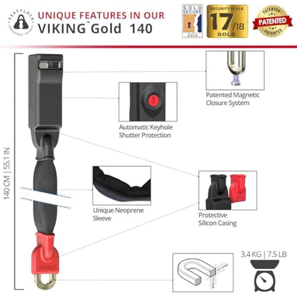 Seatylock Viking Bike Chain Lock with Key - Magnetic Patented Sold Secure Silver Rated - Heavy Duty Anti Theft - Smart Ultra Security Bicycle Lock (140 CM - 55.1")