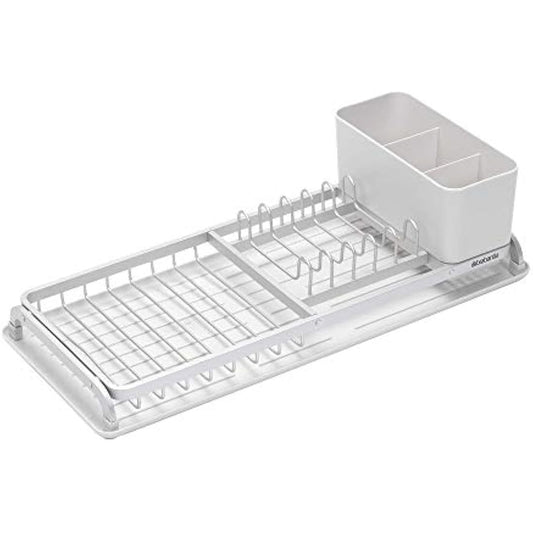 Brabantia Dish Drying Draining Rack (Compact / Light Grey) Easy-Clean Drip Tray and Removable Cutlery Basket, Corrosion-Resistant Aluminium Rack, Compact (20 x 46 cm)