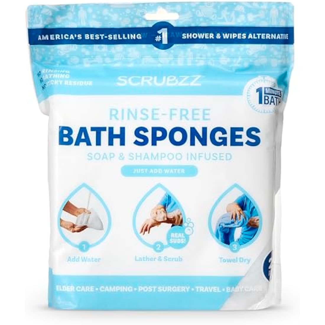 Scrubzz Disposable Bed Bath Wipes 25 Pack for Elderly Travel Camping Single Use Shampoo Shower Rinse Free