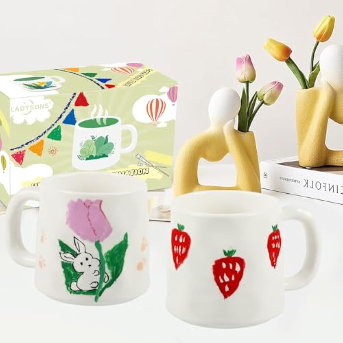 Paint Your Own Mug Set, Pottery Painting Kit for Adults, Art and Crafts Kit Includes Mugs, Brushes, Paints and Painting Inspiration Guide, Personalised Gift for All（2 Pack）