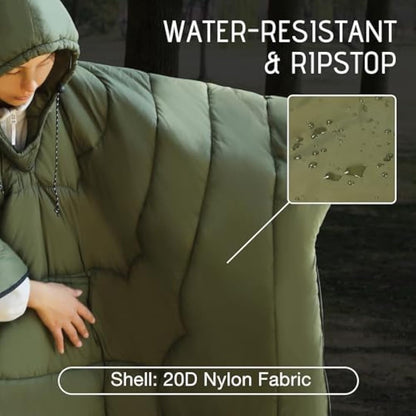 REDCAMP Wearable Camping Blanket Lightweight, Multifunctional Warm Travel Quilt Waterproof, Compact Wearable Poncho with Detachable Hood for Camping, Hiking (Army Green)