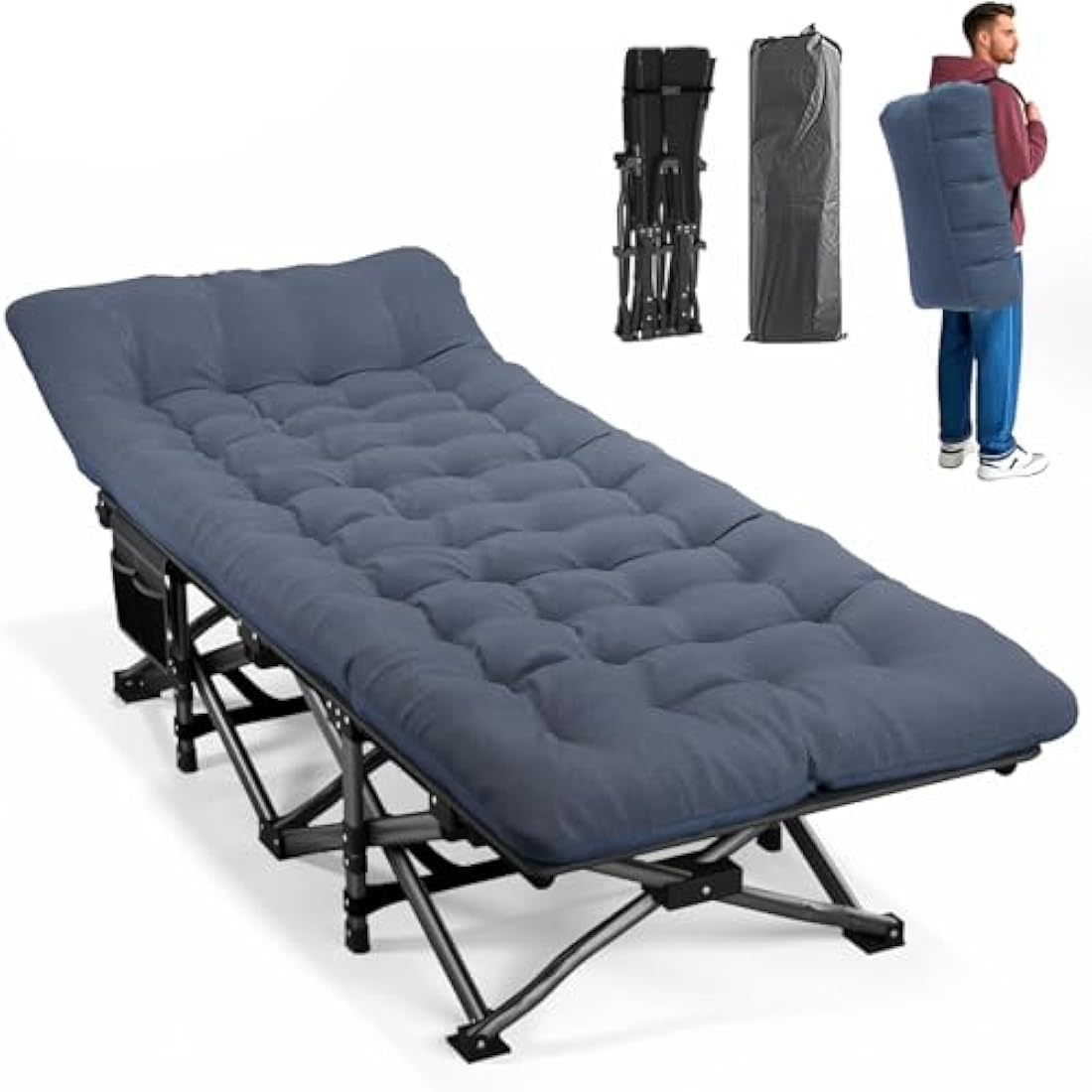 ATORPOK SHOP Camp Beds for Adults with Cushion, Portable Tent Comfortable Travel Camping Cot for Sleeping, cot with Carry Bag Supports 450 lbs (Blue)