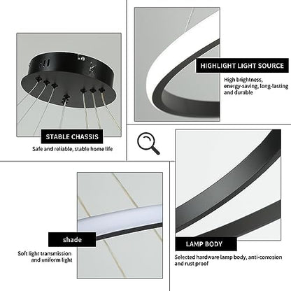 Led Pendant,Dimmable 3 Ring Acrylic Chandelier Lighting Fixture,Black Adjustable Chandeliers Ceiling Light for Kitchen Island Dining Room Living Room Bedroom Foyer Hanging 20+40+60Cm/(7.87+15.7+23.6)