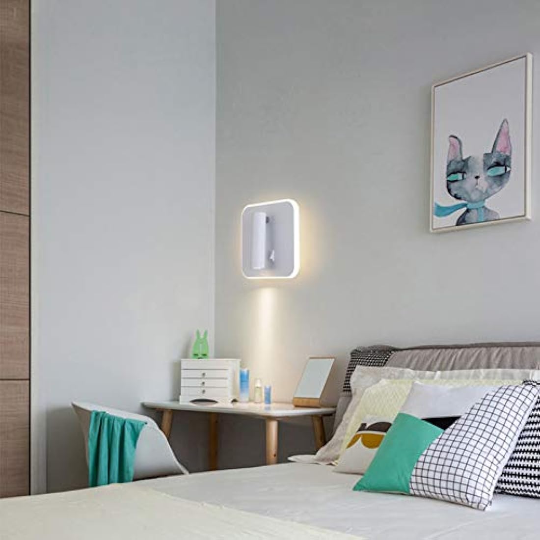 uksunvi LED Wall Mounted Lamp,Bedside Reading Wall Light,12W LED Wall Lamp, Adjustable Spotlight （3W +9W 3000K Warm Light） (White Square)