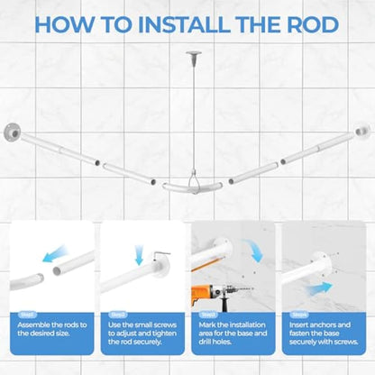 L Shaped Shower Curtain Rail, [60-135cm] x [60-135cm] Adjustable Corner Shower Curtain Rod, Wall Mounted Curved Shower Rail With 12 Rings & Ceiling Support For Bathroom Bathtubs, Need Drilling, White