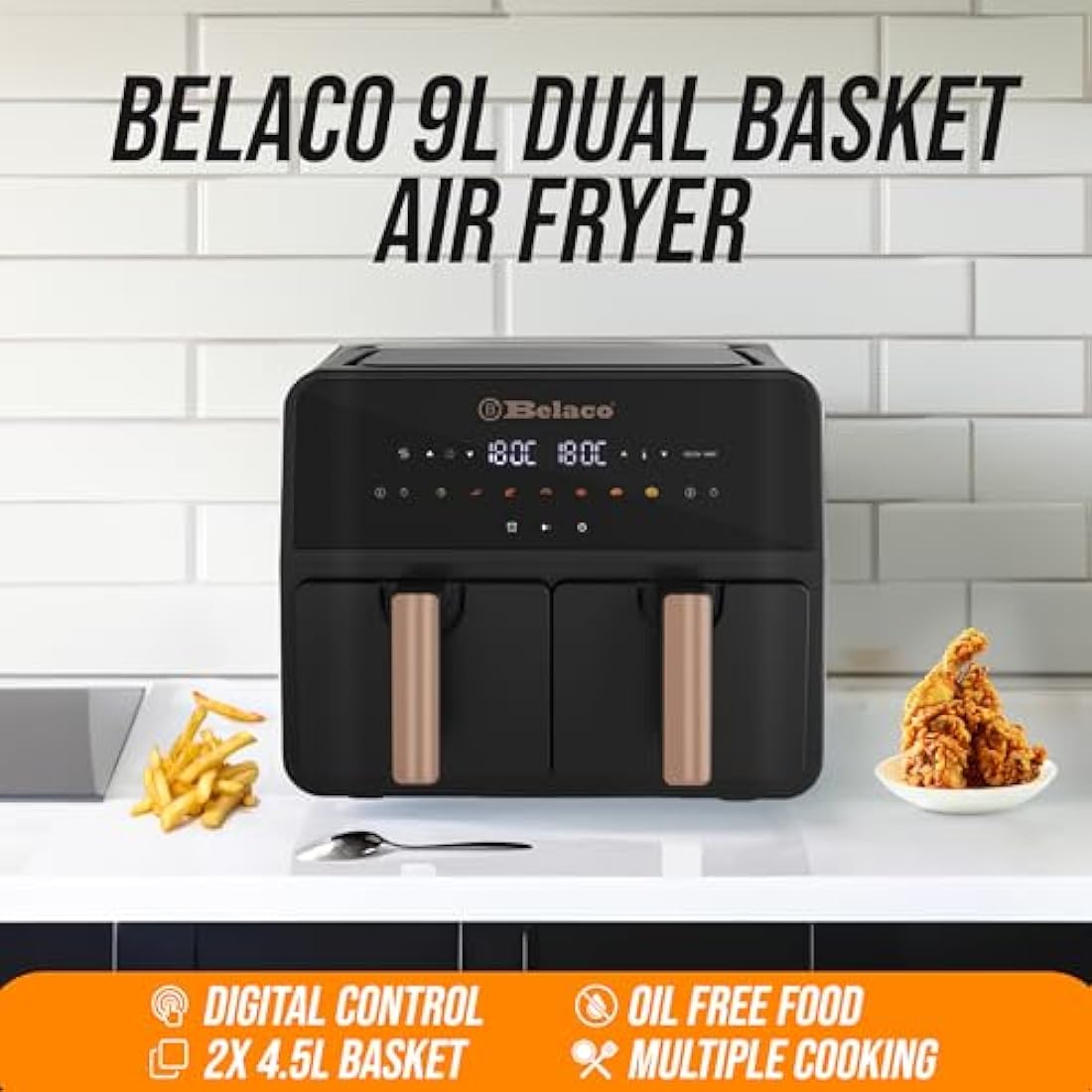 Belaco Air Fryer, 9L Dual Zone, Digital Display, Rapid Air Circulation, Air Fryers, 60 Min Timer, Adjustable Temperature, Dishwasher Safe Basket BEL-AF-03 Smart Finish
