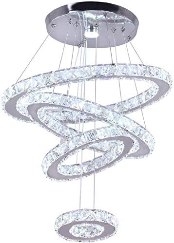 diisunbihuo Modern Crystal Chandeliers LED 4 Rings Pendant Light Adjustable Stainless Steel Ceiling Light Fixture for Living Room Dining Room Bedroom (Cool White,Non-dimmable)
