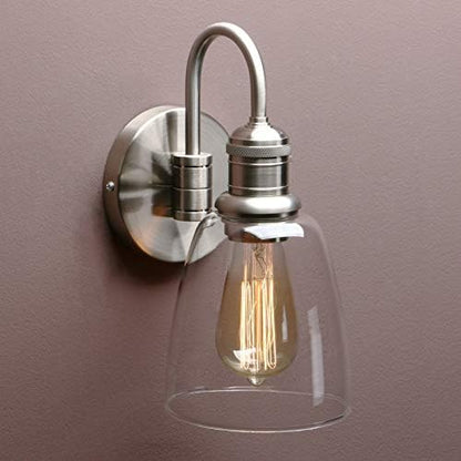 Yosoan Lighting Modern Vintage Industrial Bell Sconce Wall Light Fitting with 5.6” Clear Glass Lampshade, for Office Home Kitchen Living Room Bedroom Loft Bar (Brushed)