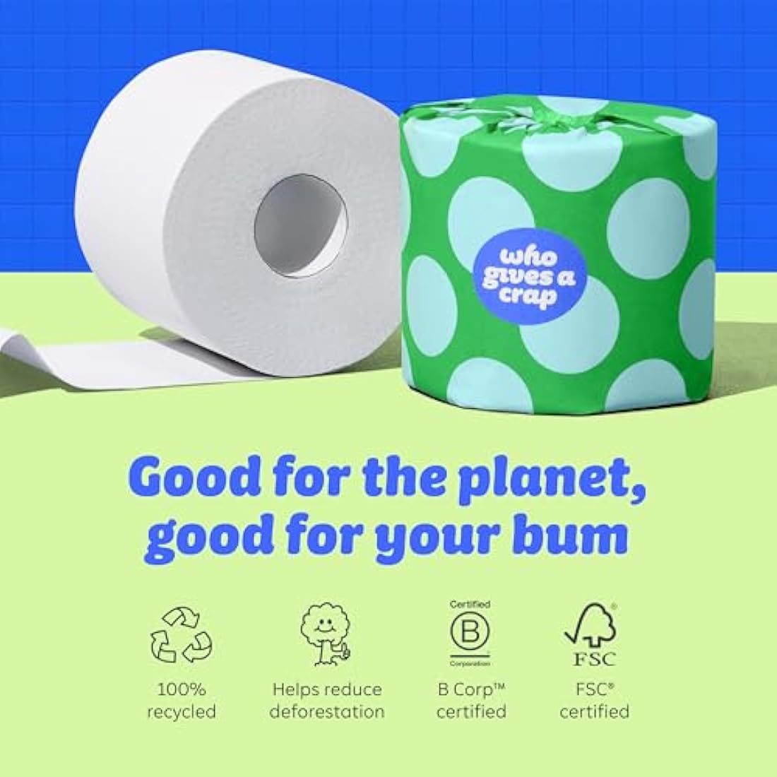 Who Gives A Crap – 100% Recycled, Twice as Long, Toilet Roll, Box of 24 (3-Ply, 400 Sheets-10x10cm) - Soft, Strong, Sustainable