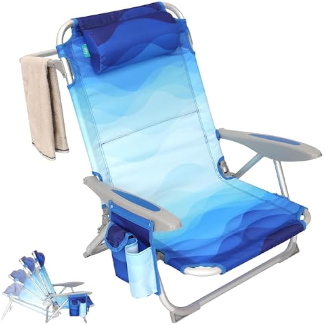 #WEJOY 4-Position Folding Beach Chair - Lightweight Aluminum Camping Chair for Adults, High Back Recliner with Pillow & Storage Pocket, Portable