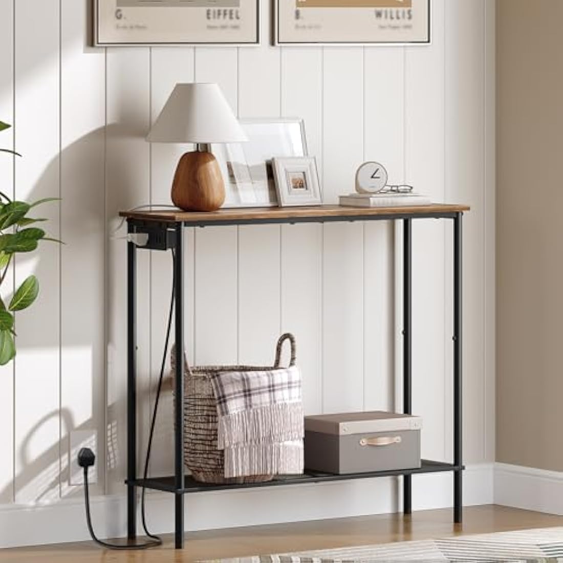 YATINEY Slim Console Table, Hallway Table with Power Outlet, 2-Tier Entryway Table with Storage Shelf, Behind Sofa Table for Living Room, Entryway, Rustic Brown and Black XCT02KBR