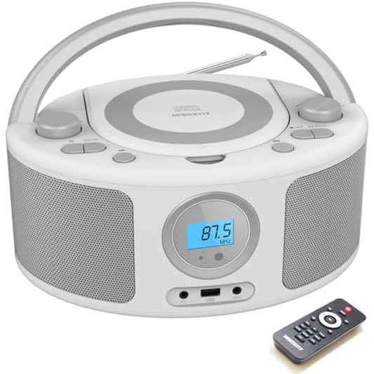 WISCENT Portable CD Player with Bluetooth Boombox, FM Radio Stereo Sound, USB, 3.5mm AUX Port & Headphone Jack, Mains or Battery