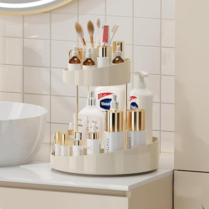 Baoswi 360° Rotating Makeup Organiser, 2 Tiers Perfume Organiser, Skincare Cosmetic Organiser, Dressing Table Organiser for Lipsticks, Makeup Brushes, Lotion, Perfume, Cosmetic (Beige)
