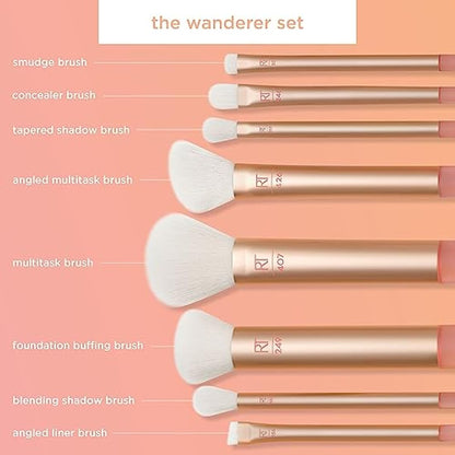 REAL TECHNIQUES The Wanderer Make up Brush Kit, Premium and Professional 8 Midi-size Brush Set with Bag, Soft Bristles, Foundations, Powders, and Concealers, Gold