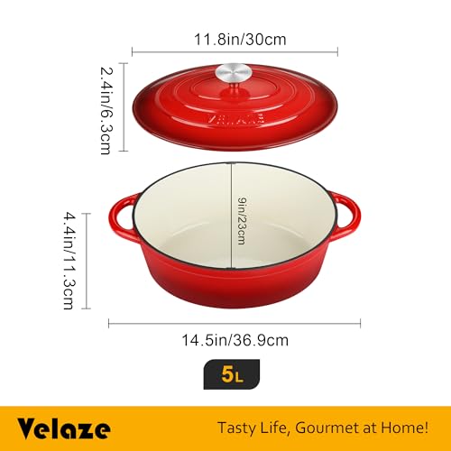 Velaze 5L Oval Dutch Oven, Non Stick Cooking Pan Pot Dutch Oven, Enamel Coating, Good Sealing, for All Heat Source, Classic 30cm(Red) 5l oval dutch