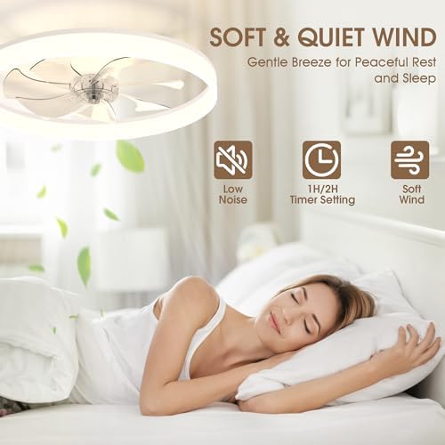 NIORSUN 60cm Ceiling Fans with Lights and Remote, 6 Speeds Modern Smart LED Ceiling Fan Light, 3000K-6500K Dimmable Quiet Fan Lights Ceiling for Bedroom Living Room Dining Room (White)
