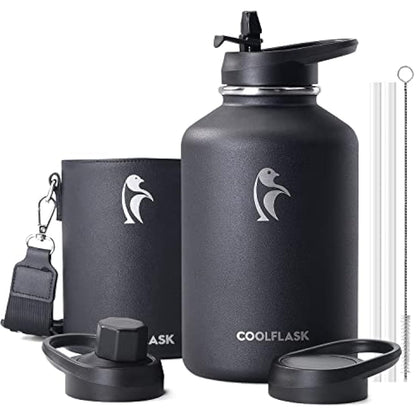 Coolflask 2L Water Bottle Stainless Steel with PU Leather Sleeve, Half Gallon Insulated Water Bottles with Straw Lids, Stainless Steel Metal Large Water Jug, Keep Cold 48h Hot 24h, Polar Black