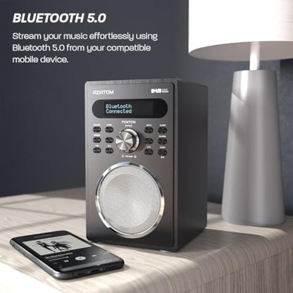 DAB/DAB+ & FM Digital Radio | Simple Controls | Dual Alarms & Sleep Timer | Mains Powered | Bluetooth | USB Device Charging | Perfect for Home, Office or Outdoors | AZATOM Foxton FX2 (Black)