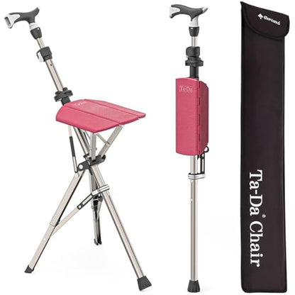 Ta-Da Chair PRO - Walking Stick with Seat, Ultra-Light Aluminium Frame & Sturdy Foldable Stool (up to 120kg), Collapsable Folding Design, Ideal for Travel & Sightseeing - Red, Adjustable