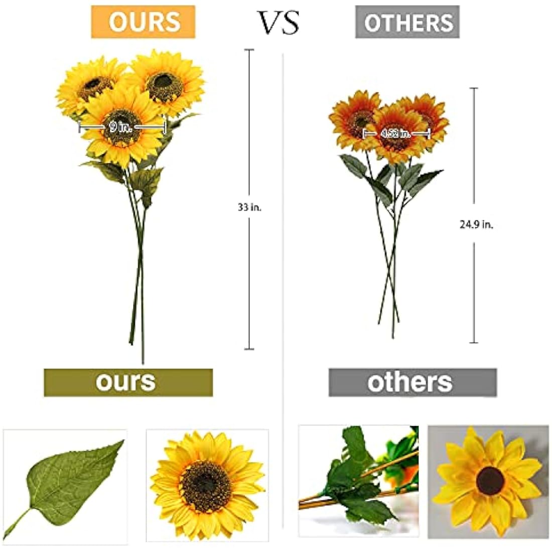 Briful 3 Packs Artificial Sunflower Large Fake Sunflowers 9" Silk Flowers Heads 33" Tall Artificial Flowers Bulk for Home Office Wedding Décor Floral Arrangement Centerpieces