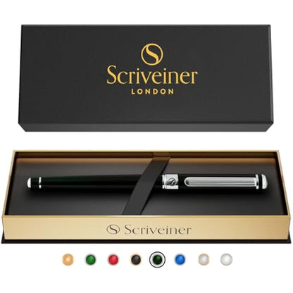 Scriveiner Black Green Rollerball Pen - Multi Award Winning Luxury Rollerball with Chrome Trim & Schmidt Refill, Quality Executive Writing Pen for the Office, Journaling or Gift Set for Men & Women