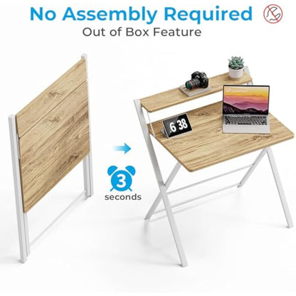 GreenForest Foldable Desk No Assembly Required,Small Desk with Monitor Shelf,Computer Desk for Small Space,Oak