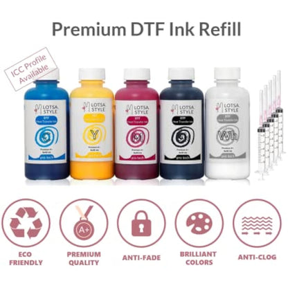 LOTSA. STYLE Premium DTF Ink Refill for Inkjet Printers Heat Transfer Film Printing (120ml x 6, CMYK Wh)