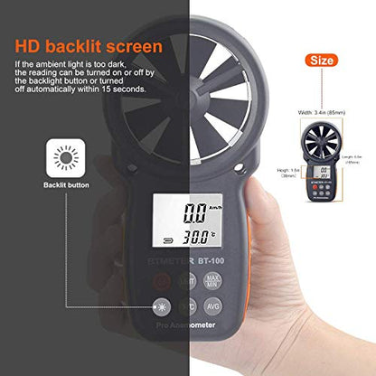 BTMETER BT-100 Digital Anemometer Handheld, Anemomters Wind Speed Meter for Measuring Wind Speed, Temperature and Wind Chill with Backlight and Max/Min/AVG for HVAC Shooting Drone