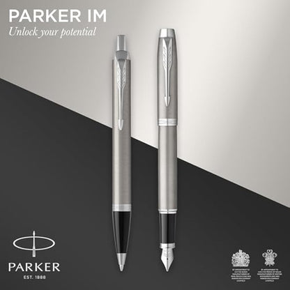 Parker IM Duo Pen Gift Set | Fountain Pen, Ballpoint Pen & Pen Pouch | Stainless Steel Finish with Chrome Trims | Medium Tip | Blue Ink Refills | Perfect Graduation Gifts