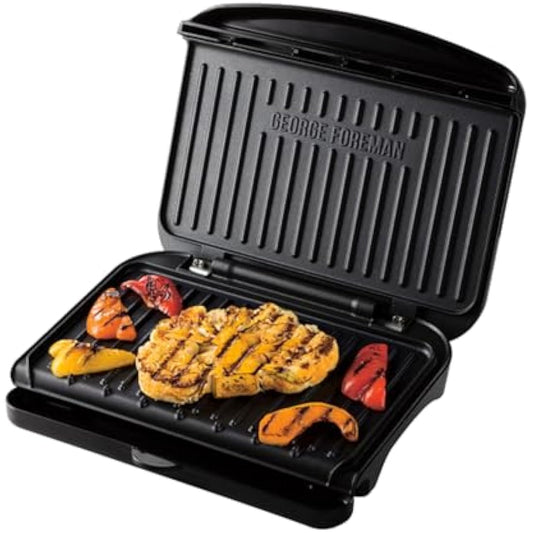 George Foreman Medium Electric Fit Grill [Non stick, Healthy, Griddle, Toastie, Hot plate, Panini, BBQ, Energy saving, Vertical storage, Easy clean, Drip tray, Ready to cook light] Black, 1630W 25810