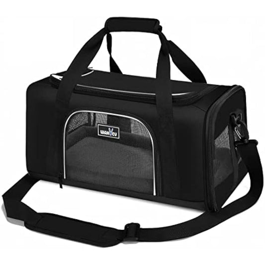 Wakytu TSA Approved Pet Carrier for Small Medium Cats and Dogs | Dog Carrier with Adequate Ventilation | 4 Mesh Windows, 3 Entrance, Locking Safety Zippers, Padded Shoulder Strap, Black