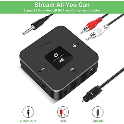 Golvery Bluetooth 5.0 Transmitter Receiver for TV, 2 in 1 Bluetooth Aux Adapter for PC/DVD/MP3/Car/Home Stereo/Speaker/Gym, Optical/RCA/AUX Connection, 25 Hours Playtime, Pair 2 Devices Simultaneously