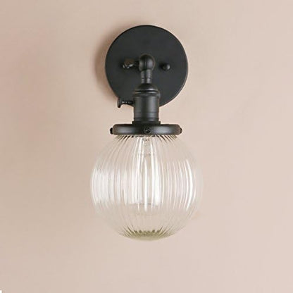 PathsOn 15cm Industrial Modern Vintage Retro Wall Lights, Loft Bar Kitchen Sconce Lights Lamp Fixture with Ribbed Globe Clear Glass Light Shade (Black)