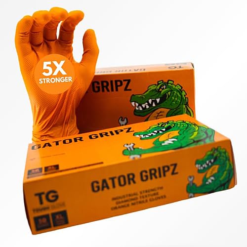 TG TOUGH GLOVE Gator Gripz (XL) Nitrile Gloves (Pack Of 50) | Diamond Texture Orange Disposable Gloves | Powder & Latex Free | Super Strong Heavy-Duty