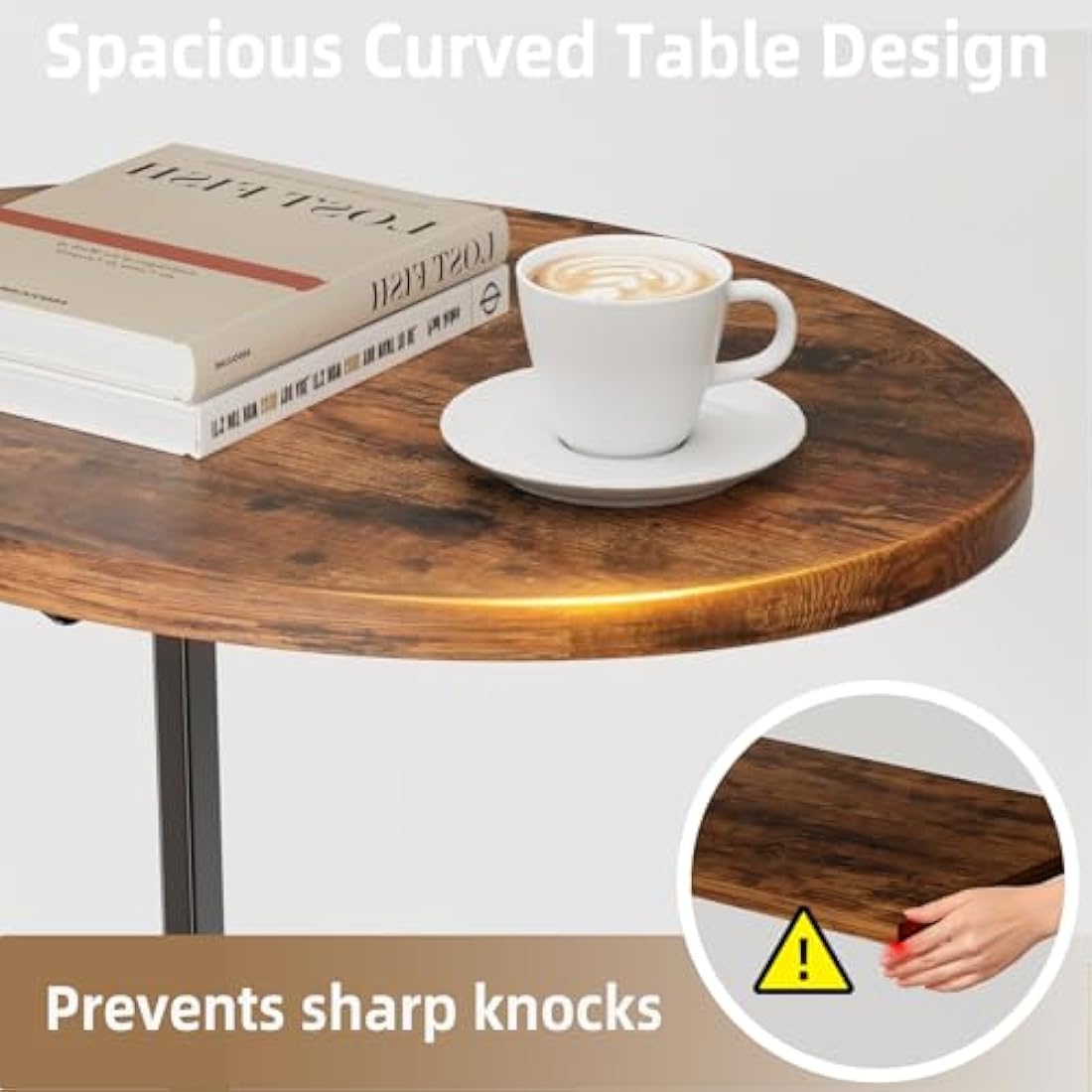 Mutool C Shaped Side Table, Foldable Round Sofa Table with Metal Frame, Small Coffee Table for Living Room Bedroom Office, Rustic Brown & Black