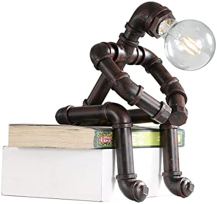 Kaj Hejmo Water Pipe Table Lamp Robot Style- Retro Industrial Steampunk Rustic Table Light- Vintage Farmhouse Desk Lamp for Bedroom,Office, Bedside, Nightstand, Baror or Shop (Rust-Style C)