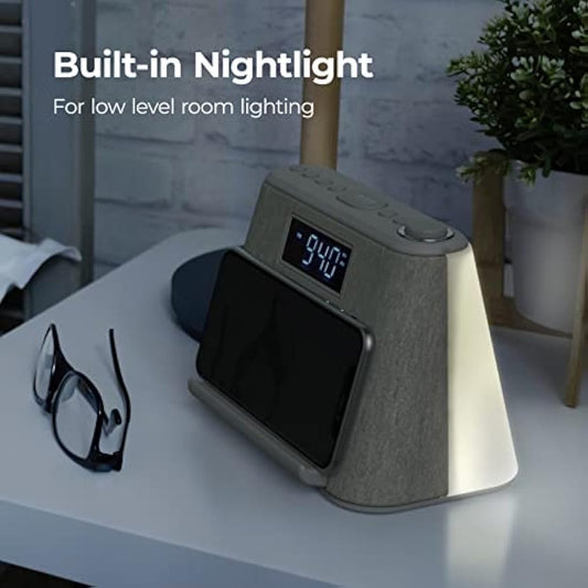 i-box Alarm Clocks Bedside, Alarm Clock with Wireless Charging, Bluetooth Speaker, FM Radio, Qi Wireless Charger, White Noise Machine, Night Light/Mood Light, USB Port, Dimmable, Non Ticking