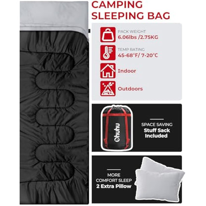 Ohuhu Double Sleeping Bag with 2 Pillows, Waterproof Lightweight 2 Person Adults Sleeping Bag for Camping, Backpacking, Hiking, Bonus Carrying Bag