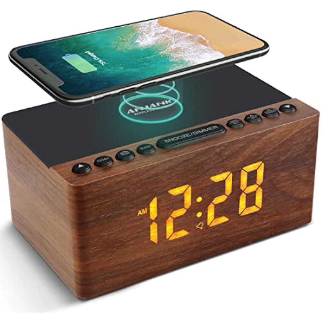 ANJANK Bedside Wooden FM Radio Alarm Clock,10W Super Fast Wireless Charger Station for Iphone/Samsung Galaxy,USB Charging Port, 5 Level Digital Dimmable Led Display,Mains Powered with Backup Battery