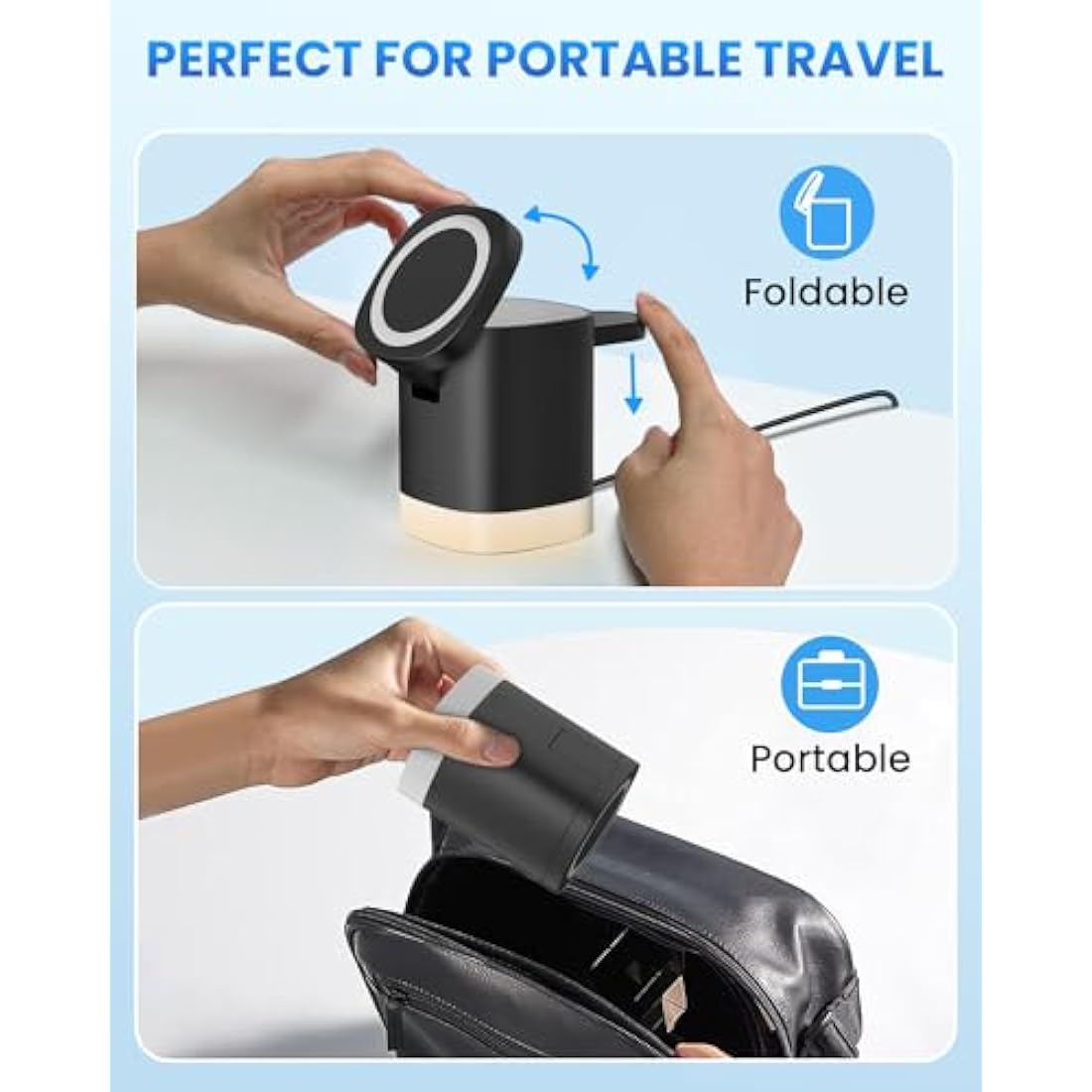 JoyGeek 3-in-1 Charger Stand for Magsafe, Foldable Wireless Charging Station with Night Lights, Magnetic Charger Dock for iPhone 16/15/14/13/12 Pro/Max, AirPods 4-2, Apple Watch 2-10/Ultra (Black)