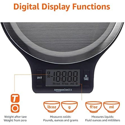 Amazon Basics Digital kitchen scales with LCD display (with batteries), Black and Stainless Steel, BPA free, Weighs up to 11 pounds