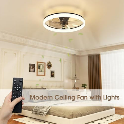 NIORSUN 60cm Ceiling Fans with Lights and Remote, 6 Speeds Modern Smart LED Ceiling Fan Light, 3000K-6500K Dimmable Quiet Fan Lights Ceiling for Bedroom Living Room Dining Room (Black)