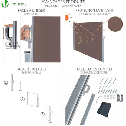VOUNOT Side Awning Retractable, Outdoor Privacy Screen for Garden, Balcony, Terrace, 160 x 300 cm, Brown