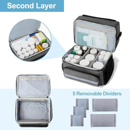 CURMIO Double Layer Medicine Storage Bag Empty, Family First Aid Organiser for Emergency Medical Kits, Portable Medicine Supplies Bag for Home and Travel, Grey