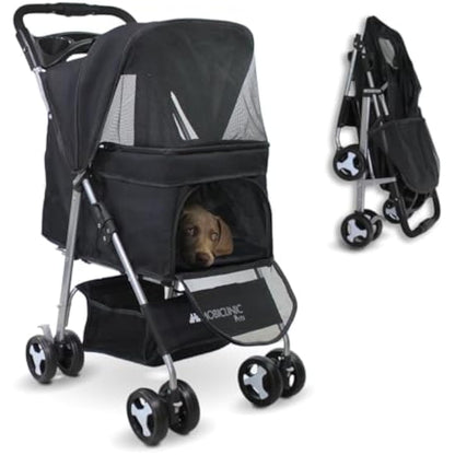Mobiclinic® Pets Foldable Dog Pram, Up to 15 kg, Ideal for Small Dogs, Pet Stroller, Zuma, Wheels with 360° Brakes, XXL Basket, 3 Windows with Zip and Mosquito Net, Cup Holder (Black)